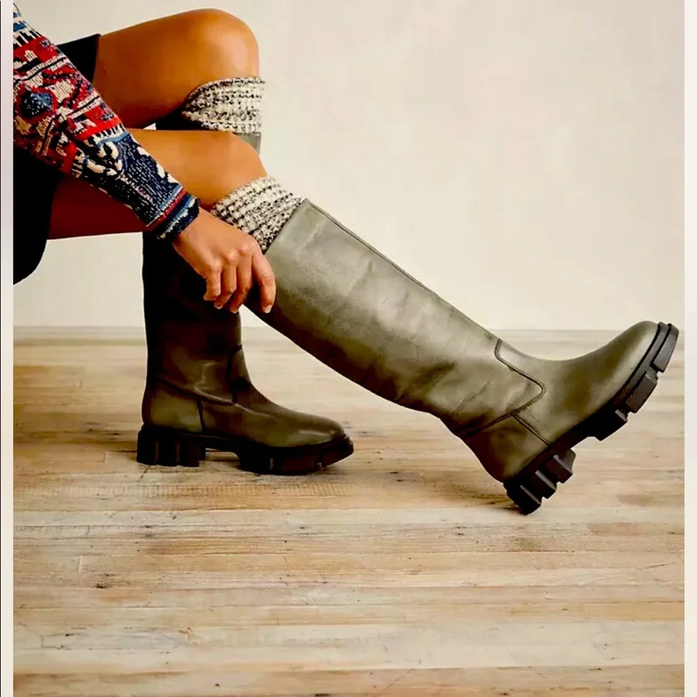 Free People Brooks Tall Boots Lug Sole Military Moss Green EU 37.5 US 7.5 NWOB